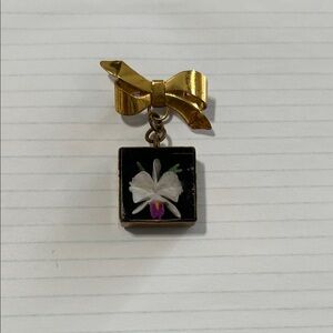 Gold Bow and Black Floral Pendant